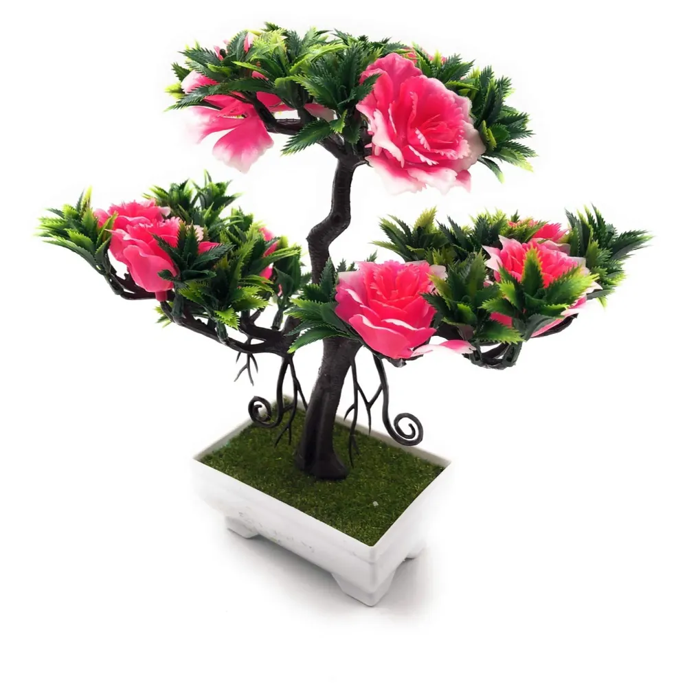 Artificial Dwarf Tree And Grass with PVC Pot (Pink Flower)