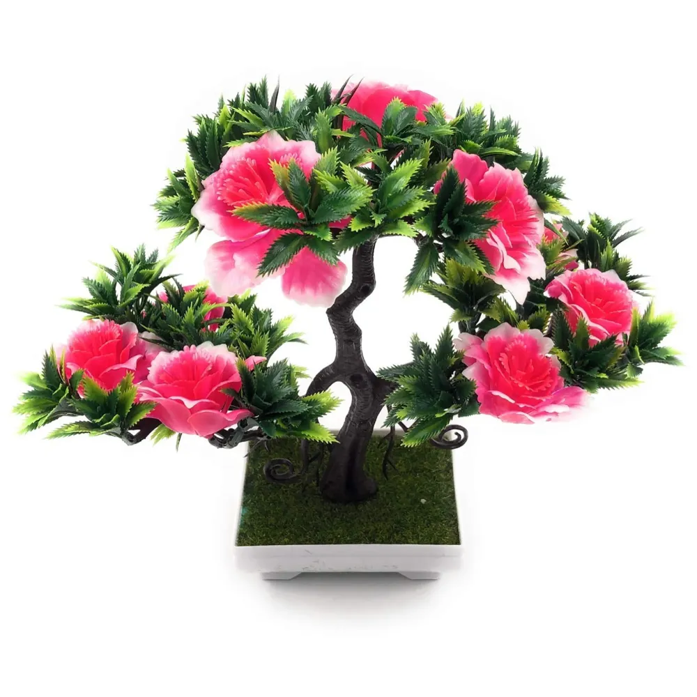 Artificial Dwarf Tree And Grass with PVC Pot (Pink Flower)