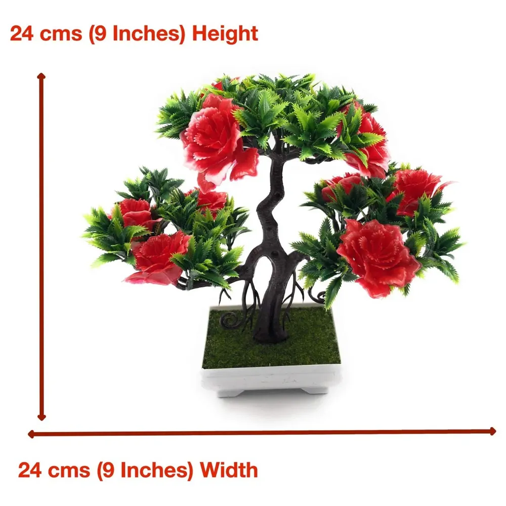 Artificial Dwarf Tree And Grass with PVC Pot (Red Flower)