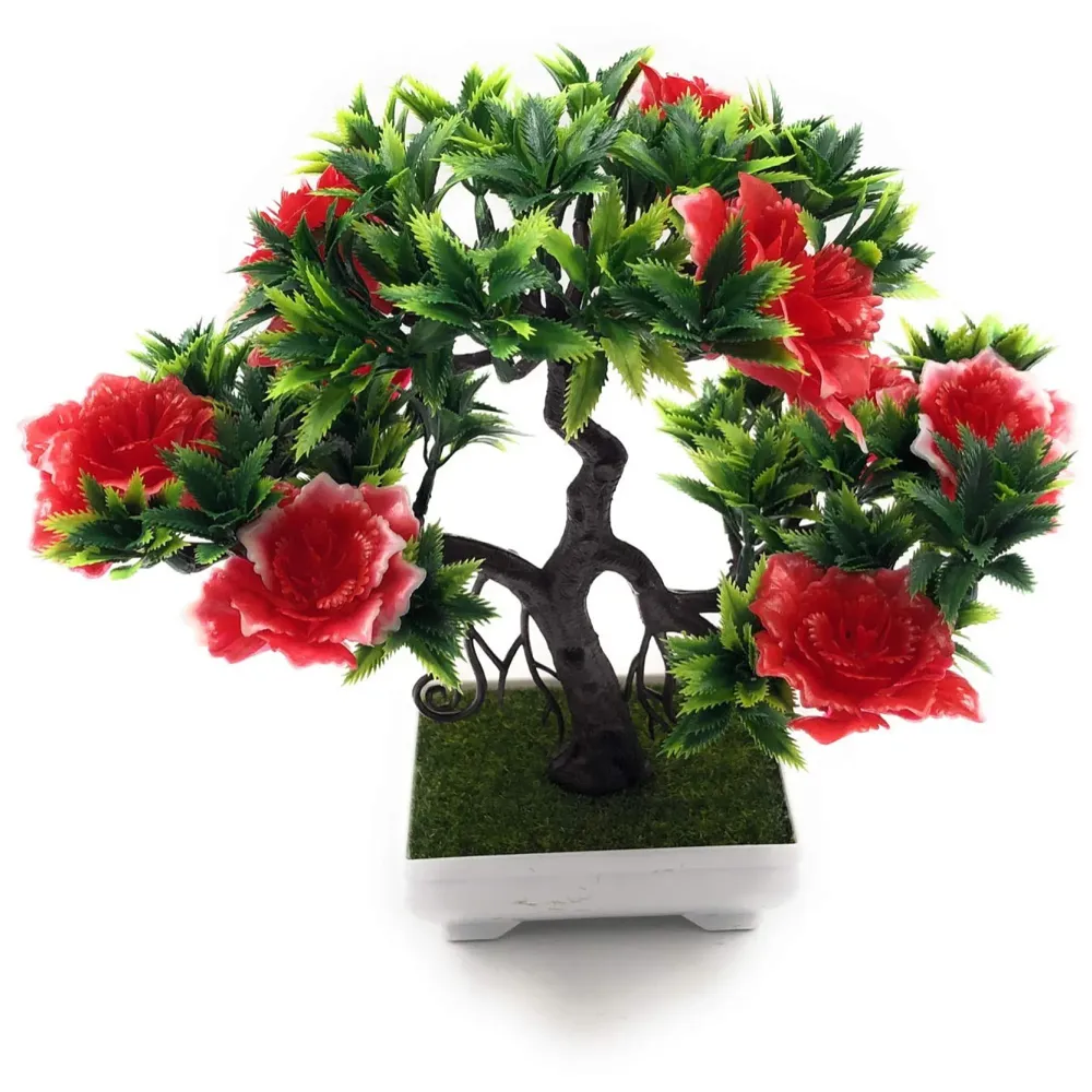 Artificial Dwarf Tree And Grass with PVC Pot (Red Flower)