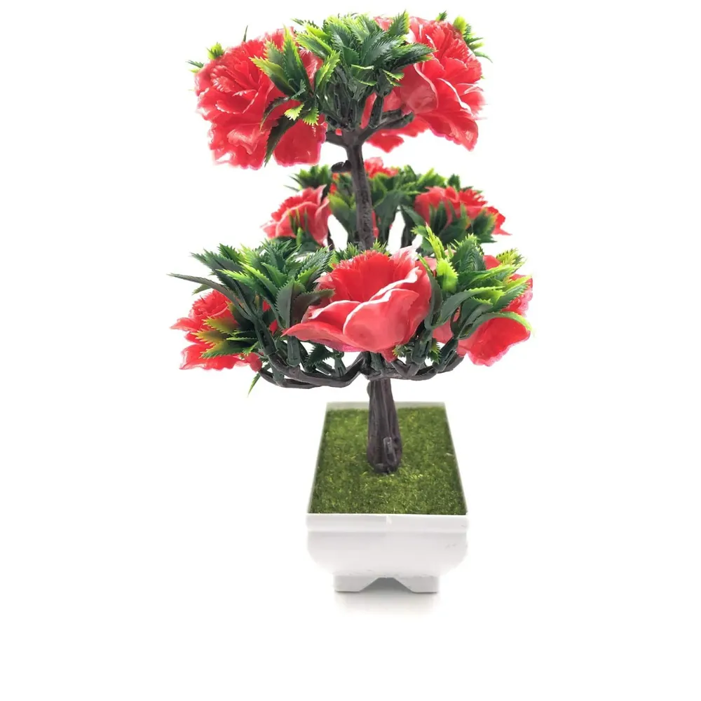 Artificial Dwarf Tree And Grass with PVC Pot (Red Flower)