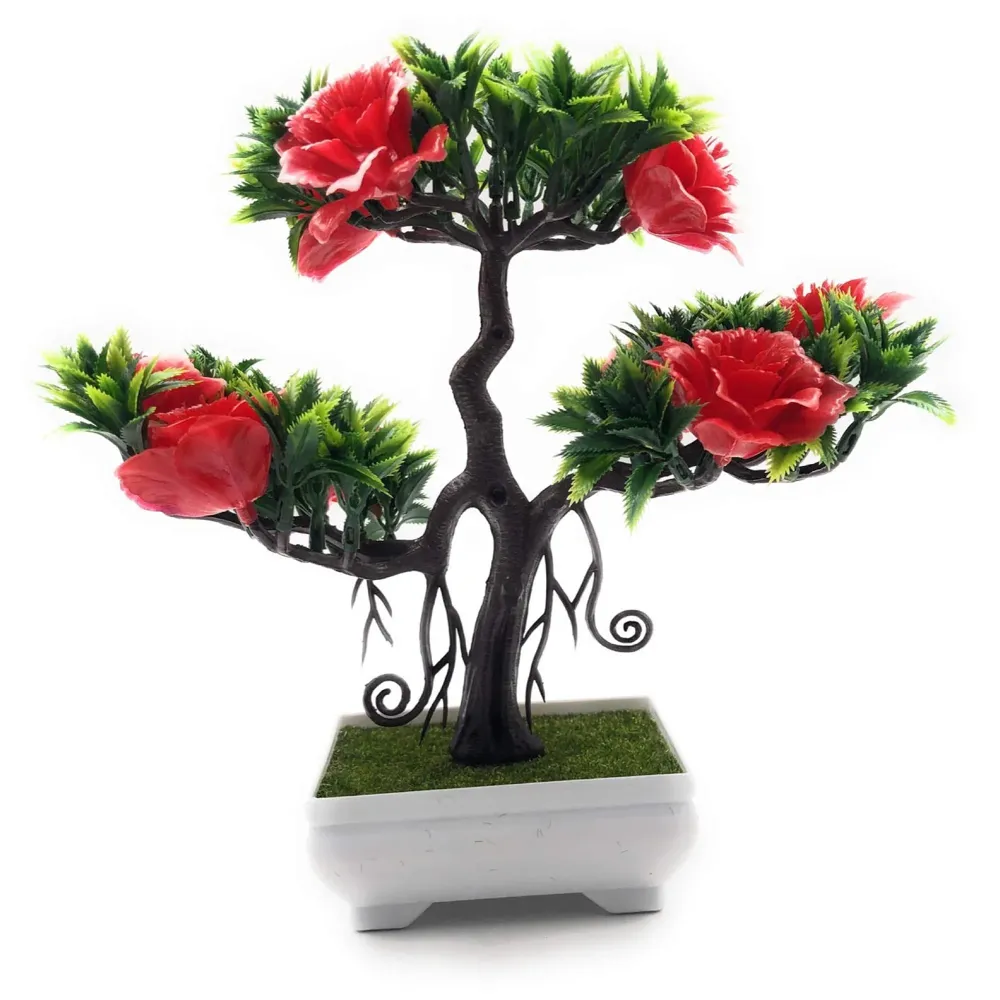 Artificial Dwarf Tree And Grass with PVC Pot (Red Flower)