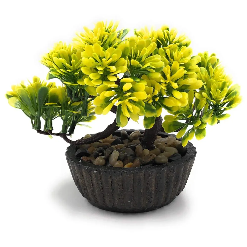 Bonsai Artificial Dwarf Tree ~ Artificial Plants with Pot and Grass Ideal for Home Décor. with Realistic Detailing Size 15 cm x 15 cm (Yellow)