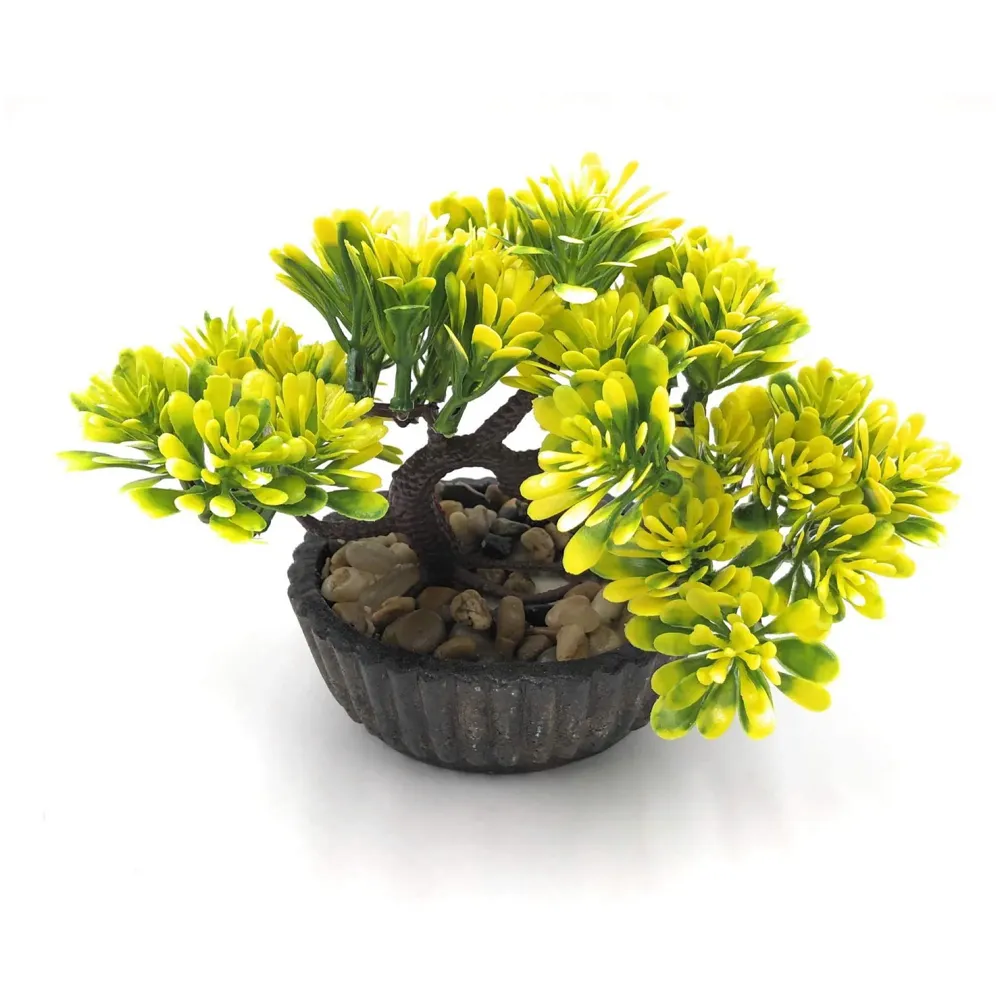 Bonsai Artificial Dwarf Tree ~ Artificial Plants with Pot and Grass Ideal for Home Décor. with Realistic Detailing Size 15 cm x 15 cm (Yellow)