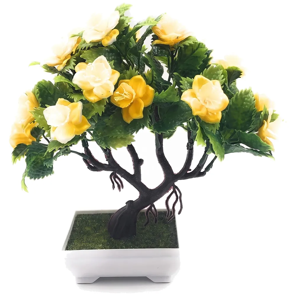 Bonsai Artificial Dwarf Tree ~ Artificial Plants with Pot and Grass Ideal for Home Décor. with Realistic Detailing Size 25 cm x 23 cm (Pot - 11cm x Breath 7cm) (Yellow) Premium