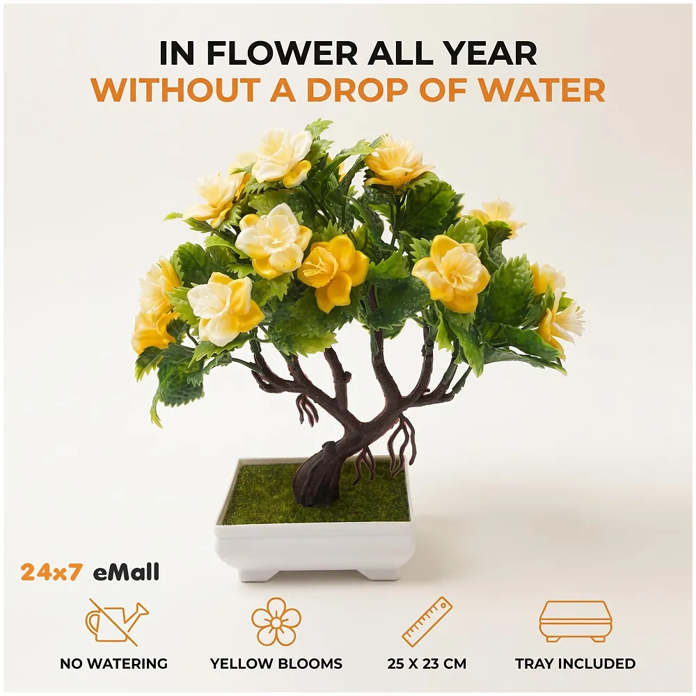 Bonsai Artificial Dwarf Tree ~ Artificial Plants with Pot and Grass Ideal for Home Décor. with Realistic Detailing Size 25 cm x 23 cm (Pot - 11cm x Breath 7cm) (Yellow) Premium