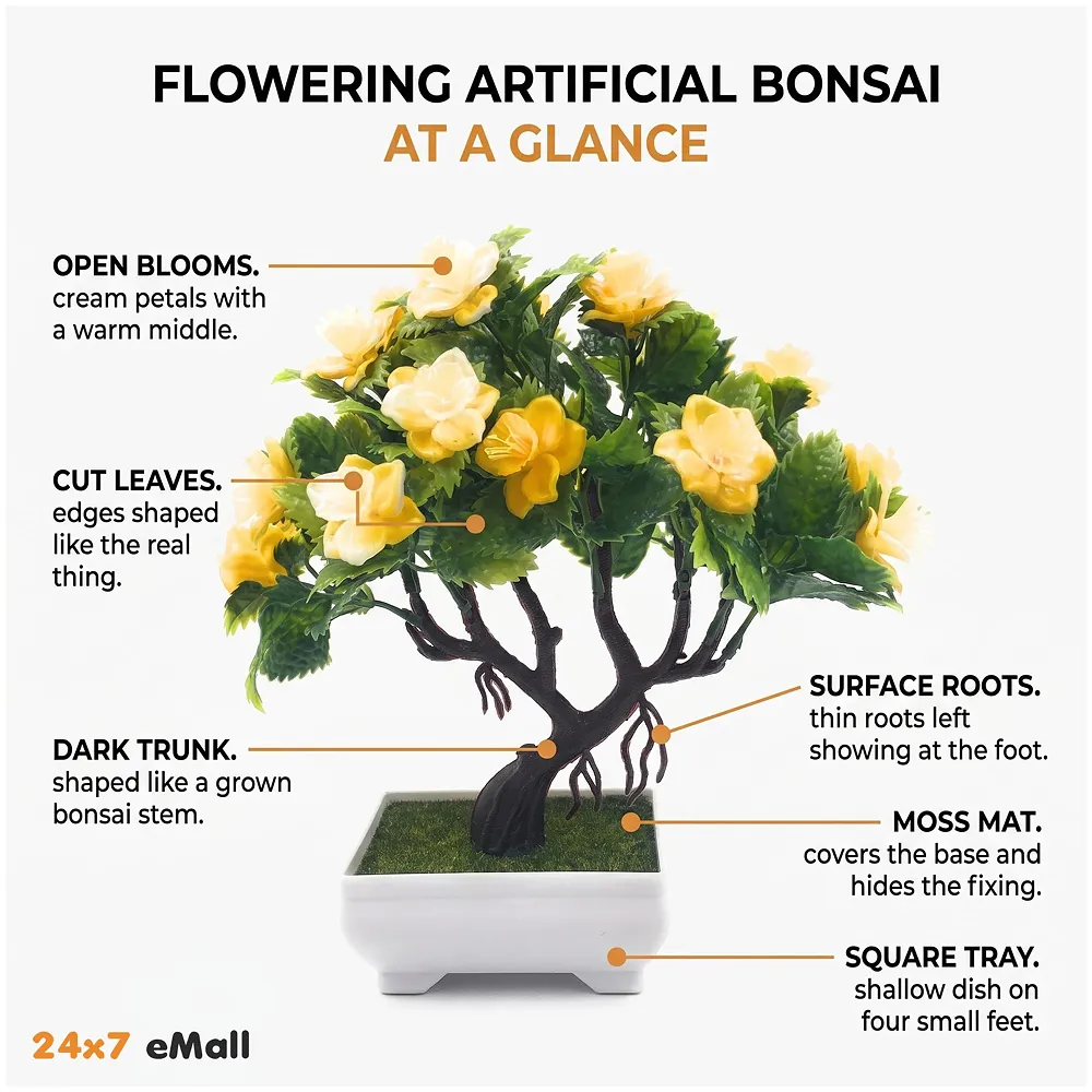 Bonsai Artificial Dwarf Tree ~ Artificial Plants with Pot and Grass Ideal for Home Décor. with Realistic Detailing Size 25 cm x 23 cm (Pot - 11cm x Breath 7cm) (Yellow) Premium