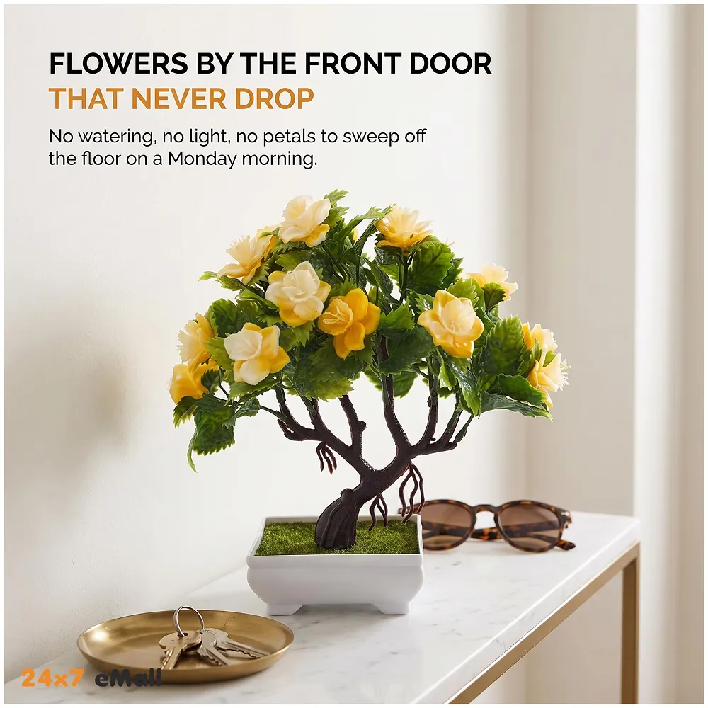 Bonsai Artificial Dwarf Tree ~ Artificial Plants with Pot and Grass Ideal for Home Décor. with Realistic Detailing Size 25 cm x 23 cm (Pot - 11cm x Breath 7cm) (Yellow) Premium