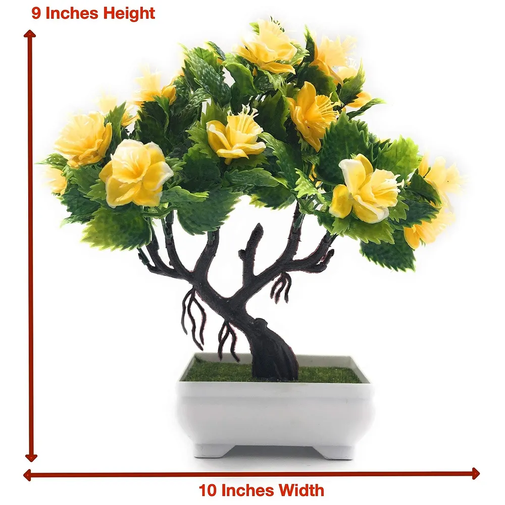 Bonsai Artificial Dwarf Tree ~ Artificial Plants with Pot and Grass Ideal for Home Décor. with Realistic Detailing Size 25 cm x 23 cm (Pot - 11cm x Breath 7cm) (Yellow) Premium