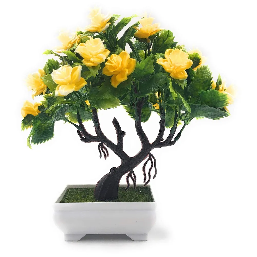 Bonsai Artificial Dwarf Tree ~ Artificial Plants with Pot and Grass Ideal for Home Décor. with Realistic Detailing Size 25 cm x 23 cm (Pot - 11cm x Breath 7cm) (Yellow) Premium