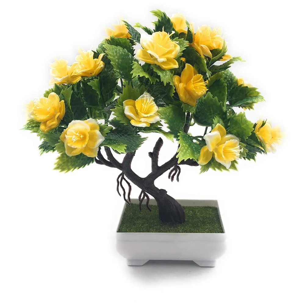 Bonsai Artificial Dwarf Tree ~ Artificial Plants with Pot and Grass Ideal for Home Décor. with Realistic Detailing Size 25 cm x 23 cm (Pot - 11cm x Breath 7cm) (Yellow) Premium