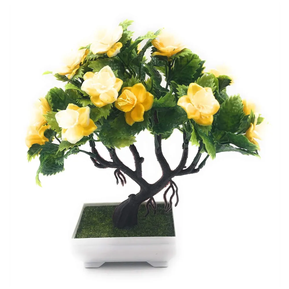 Bonsai Artificial Dwarf Tree ~ Artificial Plants with Pot and Grass Ideal for Home Décor. with Realistic Detailing Size 25 cm x 23 cm (Pot - 11cm x Breath 7cm) (Yellow)