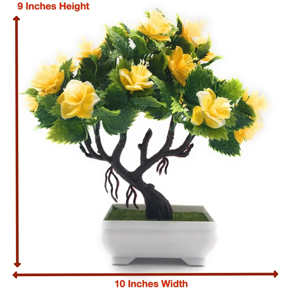 Bonsai Artificial Dwarf Tree ~ Artificial Plants with Pot and Grass Ideal for Home Décor. with Realistic Detailing Size 25 cm x 23 cm (Pot - 11cm x Breath 7cm) (Yellow) - 2