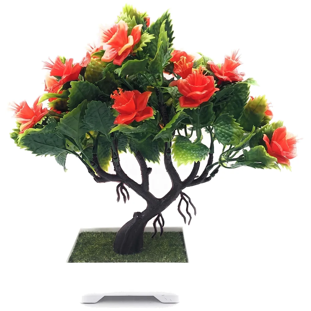Bonsai Artificial Dwarf Tree ~ Artificial Plants with Pot and Grass Ideal for Home Décor. with Realistic Detailing Size 25 cm x 23 cm (Pot - 11cm x Breath 7cm) (Orange) Premium