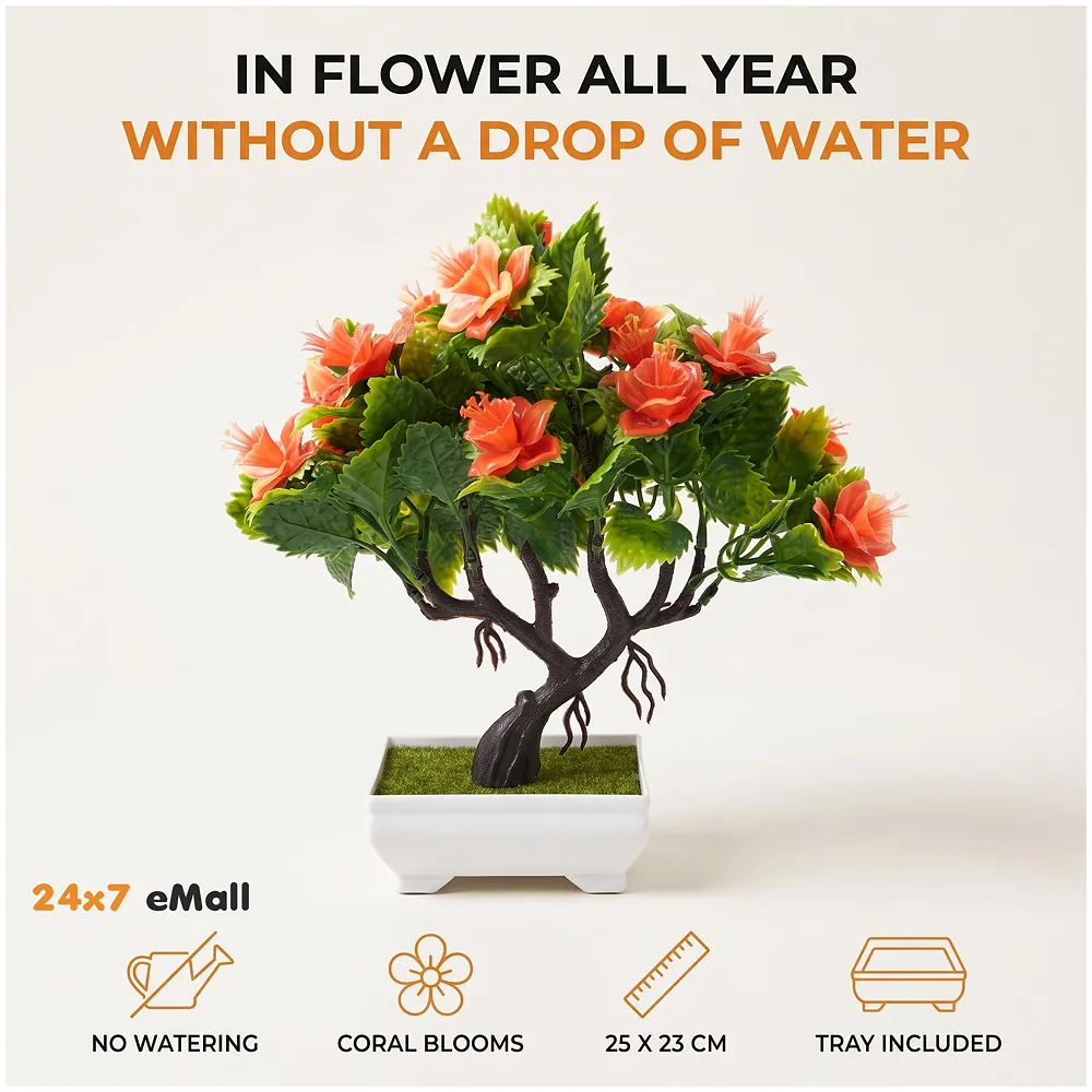 Bonsai Artificial Dwarf Tree ~ Artificial Plants with Pot and Grass Ideal for Home Décor. with Realistic Detailing Size 25 cm x 23 cm (Pot - 11cm x Breath 7cm) (Orange) Premium
