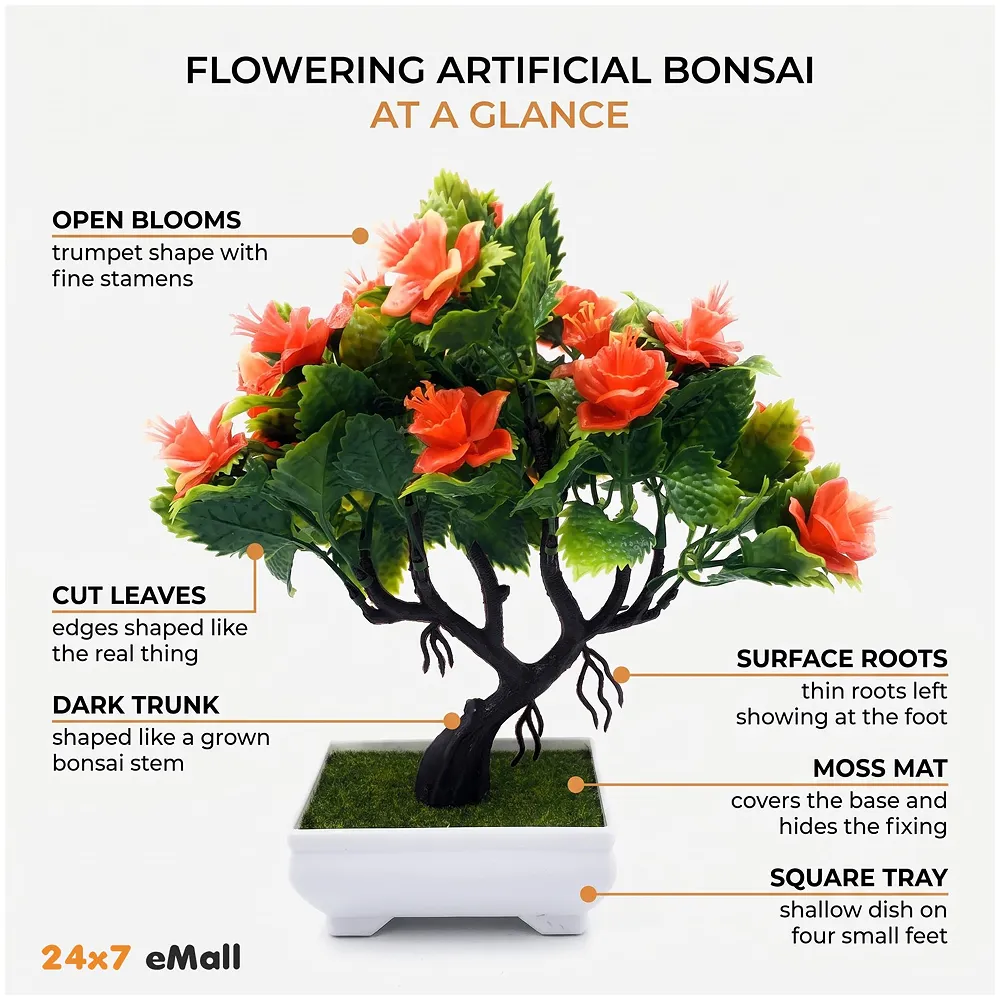 Bonsai Artificial Dwarf Tree ~ Artificial Plants with Pot and Grass Ideal for Home Décor. with Realistic Detailing Size 25 cm x 23 cm (Pot - 11cm x Breath 7cm) (Orange) Premium