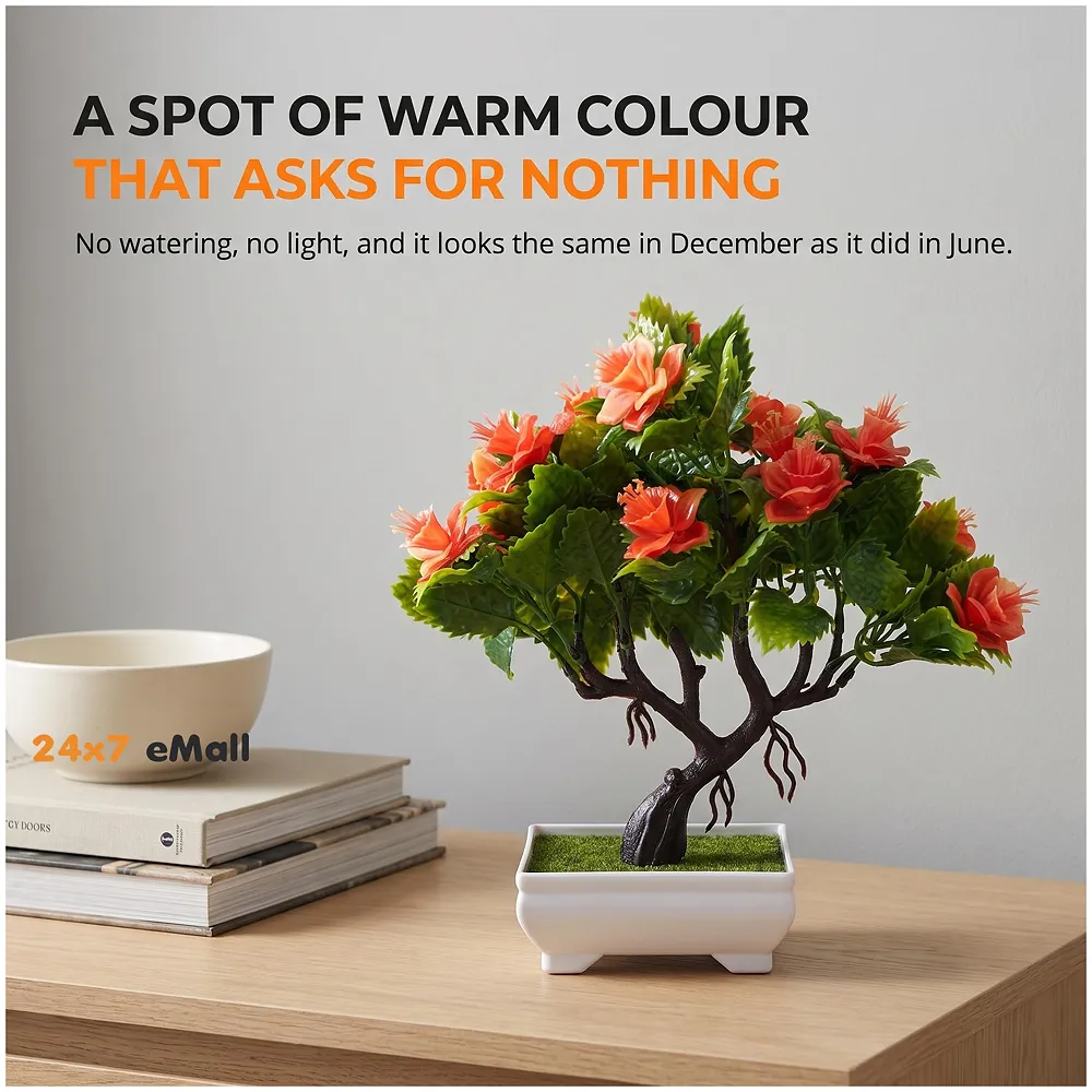 Bonsai Artificial Dwarf Tree ~ Artificial Plants with Pot and Grass Ideal for Home Décor. with Realistic Detailing Size 25 cm x 23 cm (Pot - 11cm x Breath 7cm) (Orange) Premium