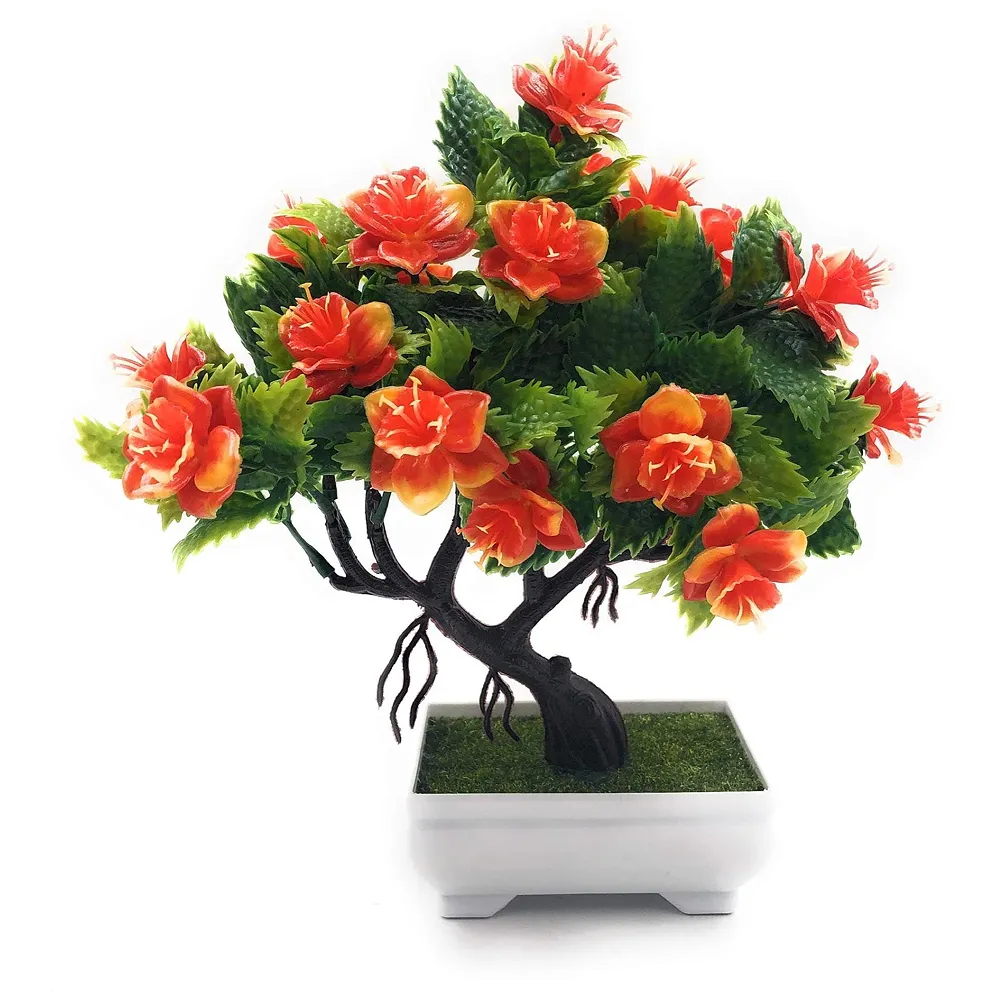 Bonsai Artificial Dwarf Tree ~ Artificial Plants with Pot and Grass Ideal for Home Décor. with Realistic Detailing Size 25 cm x 23 cm (Pot - 11cm x Breath 7cm) (Orange) Premium
