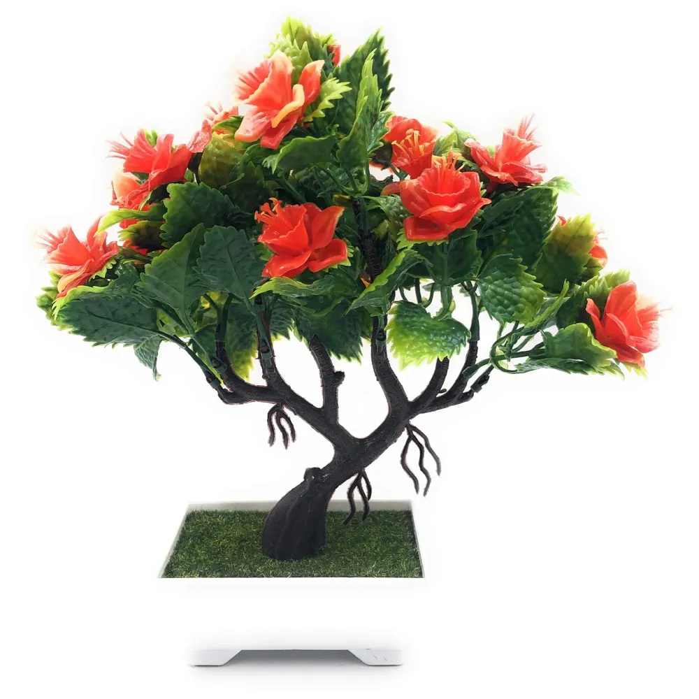 Bonsai Artificial Dwarf Tree ~ Artificial Plants with Pot and Grass Ideal for Home Décor. with Realistic Detailing Size 25 cm x 23 cm (Pot - 11cm x Breath 7cm) (Orange)