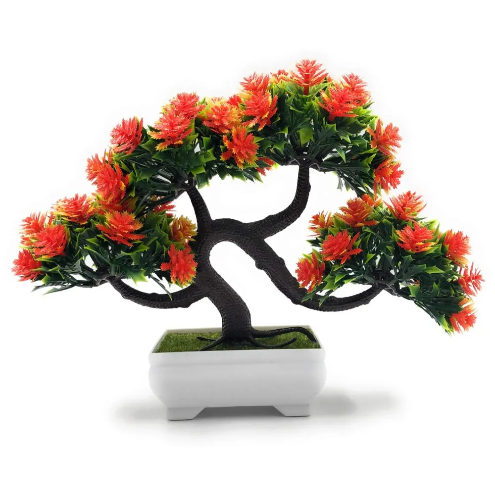 Bonsai Artificial Dwarf Tree with Pot and Grass with Realistic Detailing for Home Decor, 23 x 20 cms (Pots 11 x Breath 7 cm, Orange)