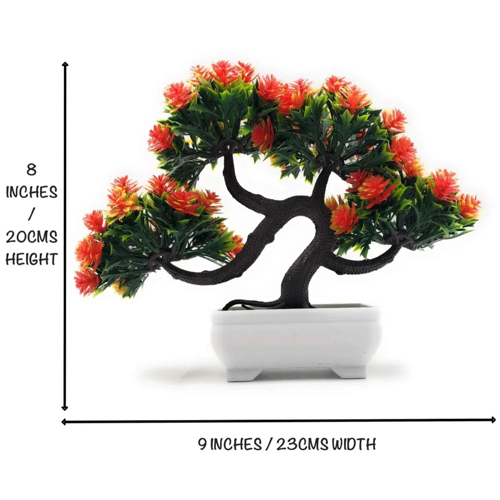 Bonsai Artificial Dwarf Tree with Pot and Grass with Realistic Detailing for Home Decor, 23 x 20 cms (Pots 11 x Breath 7 cm, Orange)