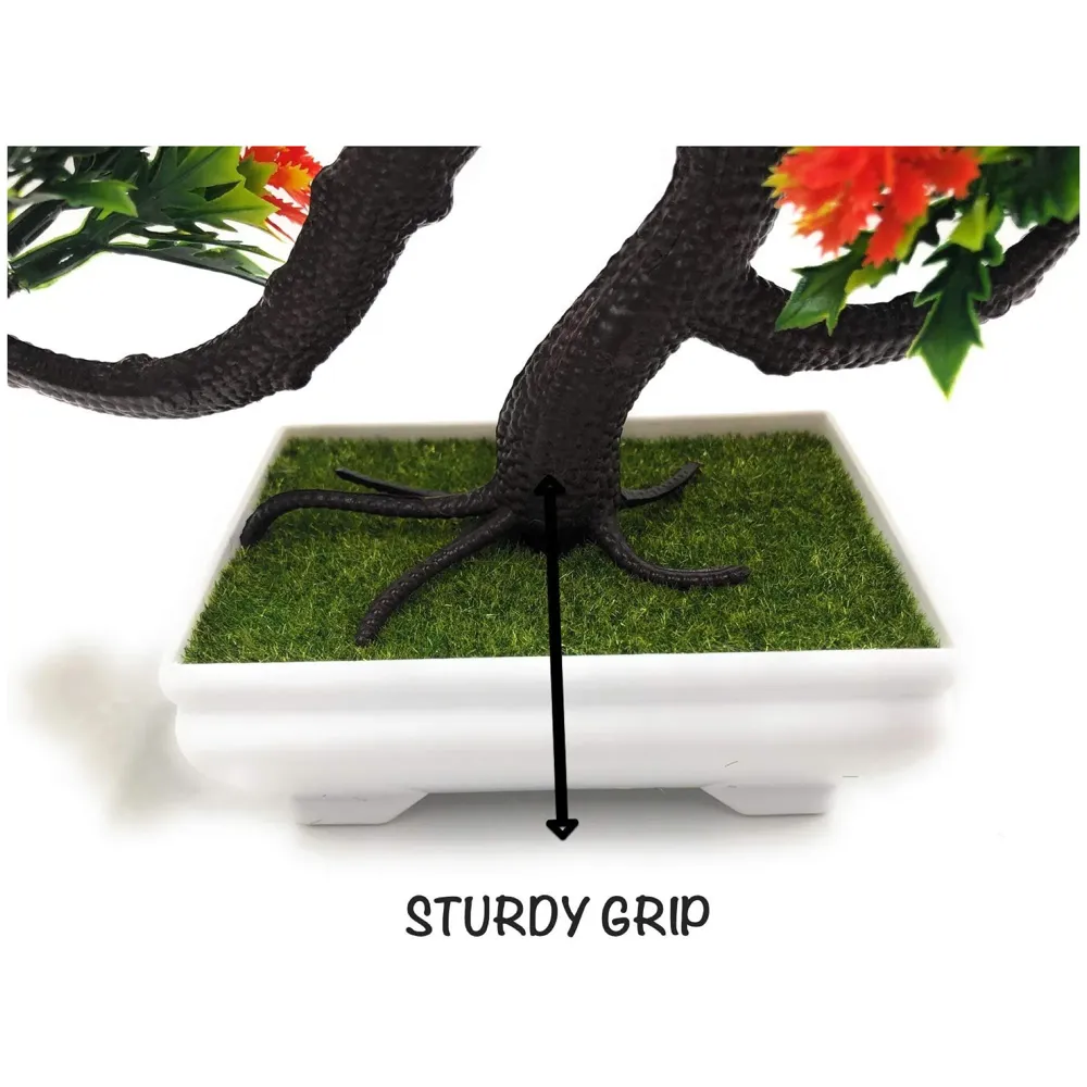 Bonsai Artificial Dwarf Tree with Pot and Grass with Realistic Detailing for Home Decor, 23 x 20 cms (Pots 11 x Breath 7 cm, Orange)