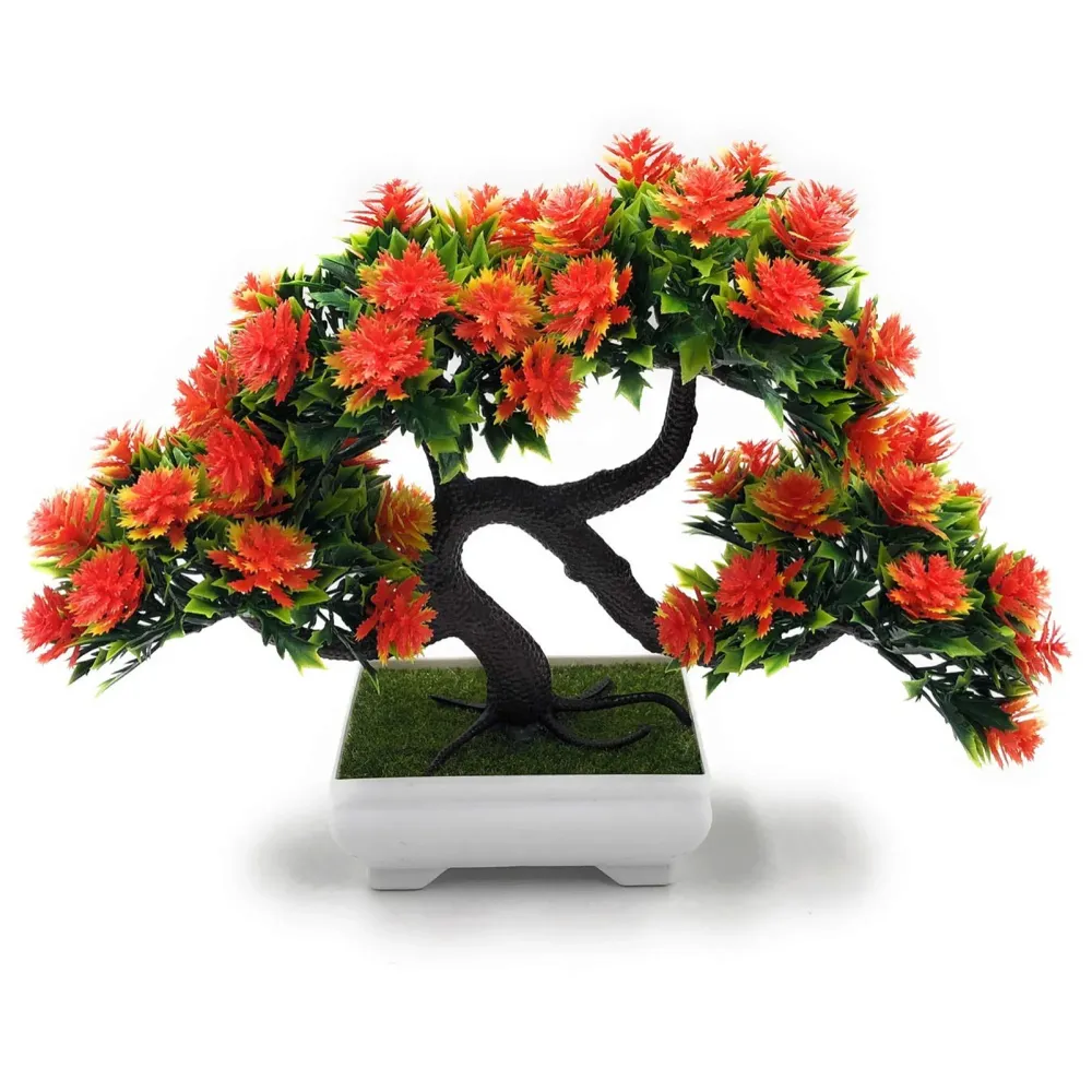 Bonsai Artificial Dwarf Tree with Pot and Grass with Realistic Detailing for Home Decor, 23 x 20 cms (Pots 11 x Breath 7 cm, Orange)