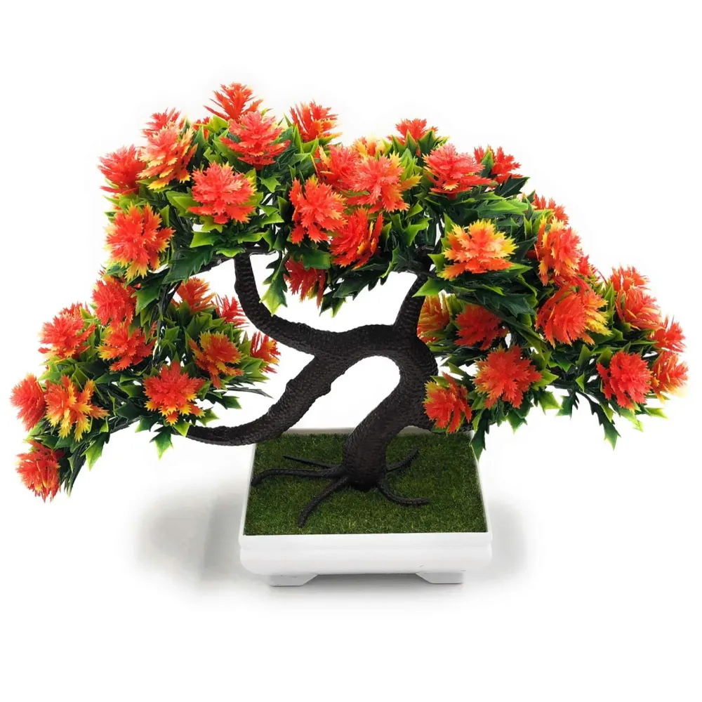 Bonsai Artificial Dwarf Tree with Pot and Grass with Realistic Detailing for Home Decor, 23 x 20 cms (Pots 11 x Breath 7 cm, Orange)