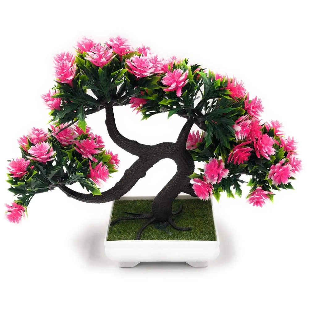 Bonsai Artificial Dwarf Tree ~ Artificial Plants with Pot and Grass Ideal for Home Décor. with Realistic Detailing Size Size - 23cm x 20cm (Pot - 11cm x Breath 7cm) (Pink)
