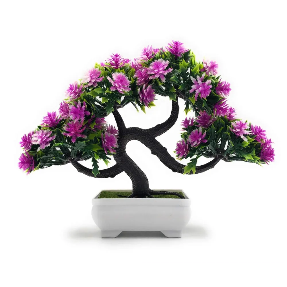Bonsai Artificial Dwarf Tree with Pot, Grass and Realistic Detailing (23x20 cm, Pot 11x 7 cm, Purple)