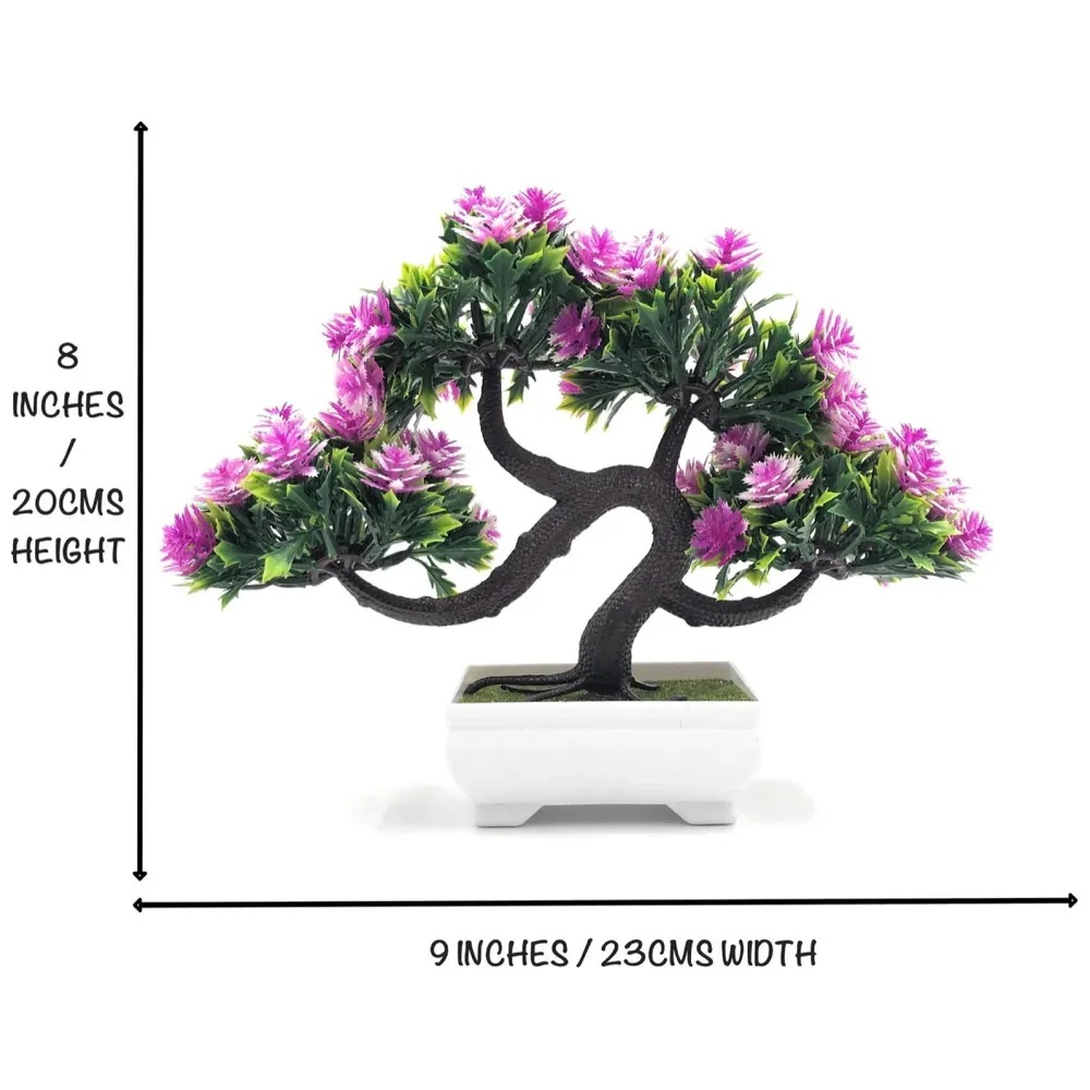Bonsai Artificial Dwarf Tree with Pot, Grass and Realistic Detailing (23x20 cm, Pot 11x 7 cm, Purple)