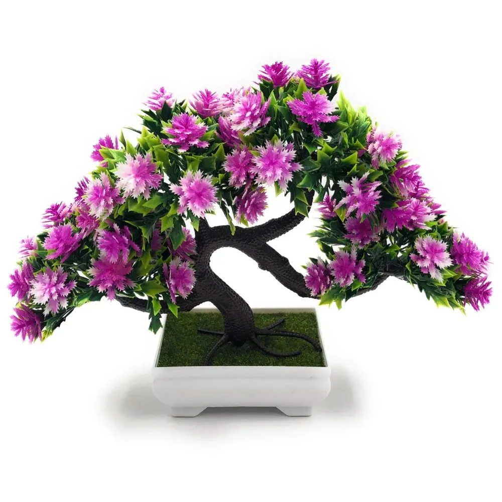Bonsai Artificial Dwarf Tree with Pot, Grass and Realistic Detailing (23x20 cm, Pot 11x 7 cm, Purple)