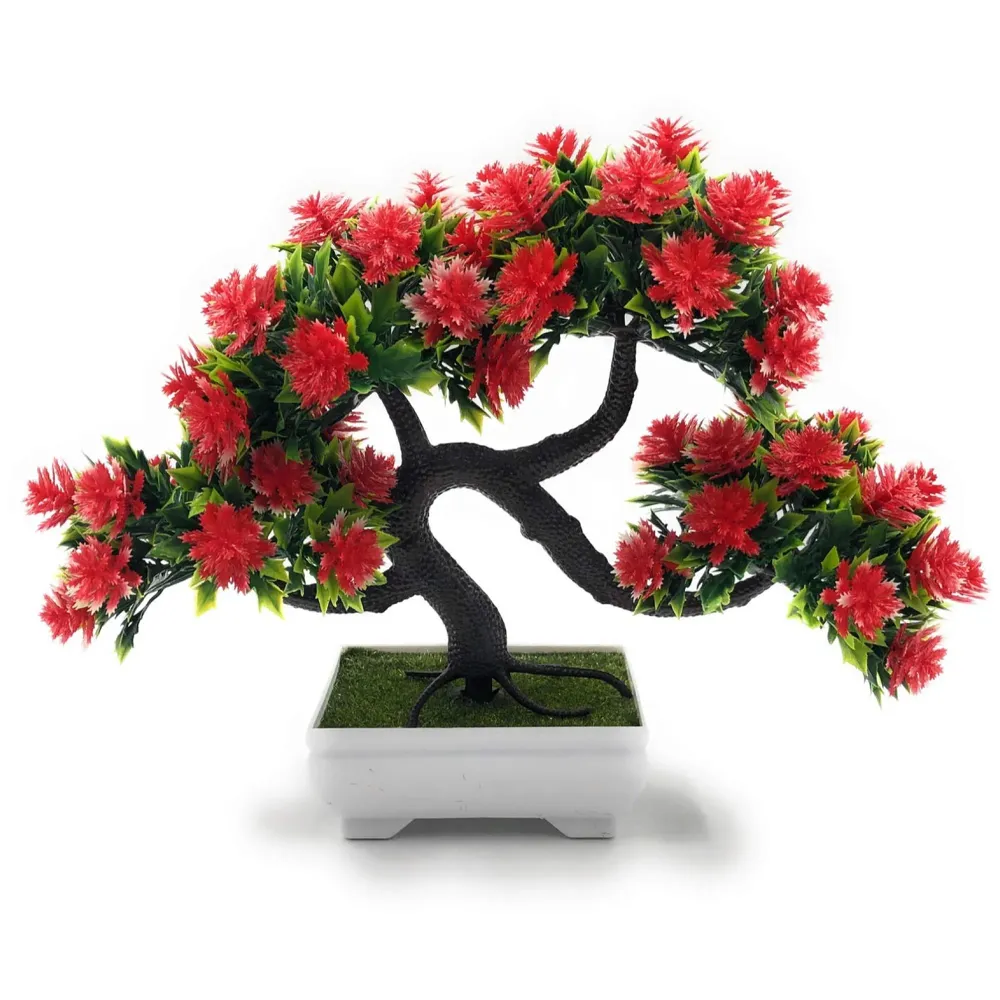 Bonsai Artificial Dwarf Tree Artificial Plants with Pot and Grass for Home Decor with Realistic Detailing Size (23 x 20 cm, Pot -11 x Breath 7 cm, Red)