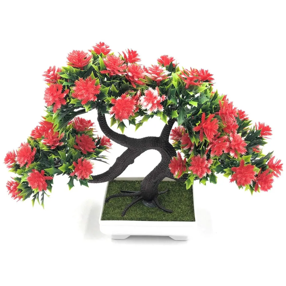 Bonsai Artificial Dwarf Tree Artificial Plants with Pot and Grass for Home Decor with Realistic Detailing Size (23 x 20 cm, Pot -11 x Breath 7 cm, Red)