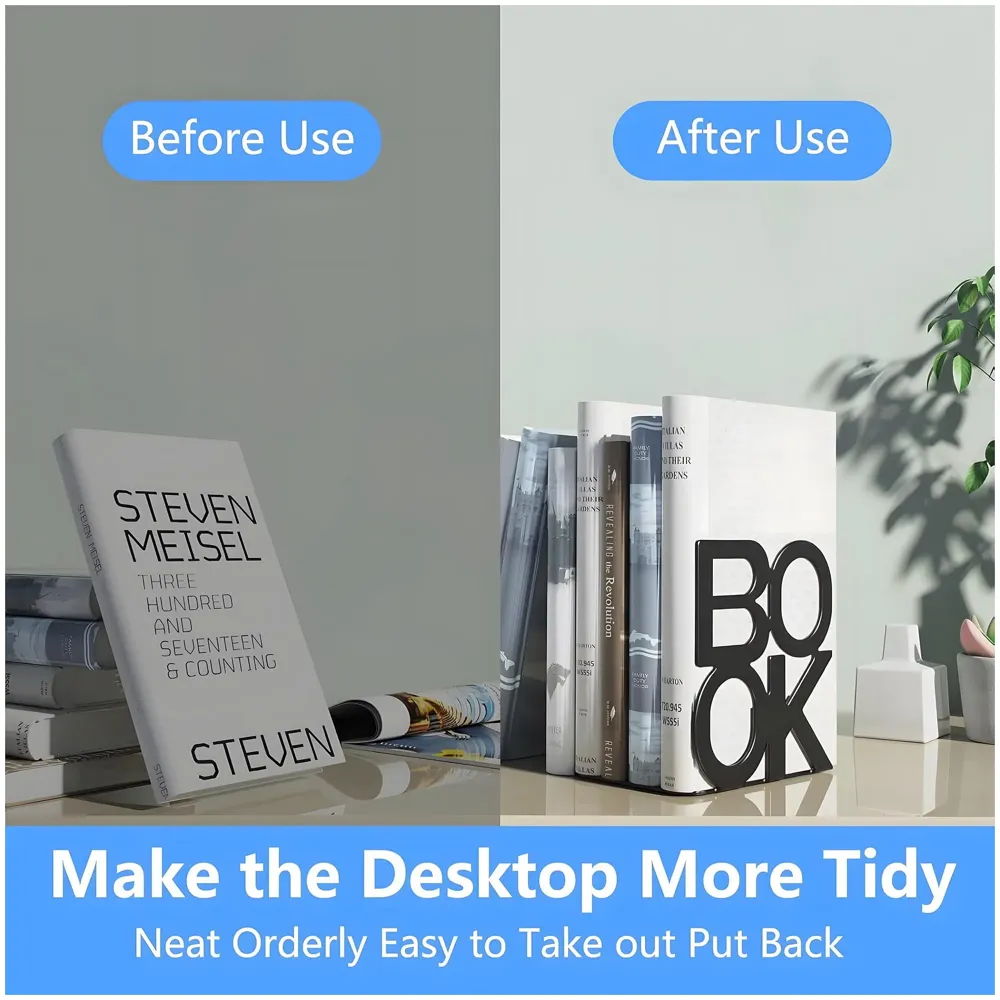 Book Bookends – Stylish & Durable Metal Book Holder, Book Holder for Shelves, Decor for Home, Office, Library, Study Room, Elegant Desk Organizer.