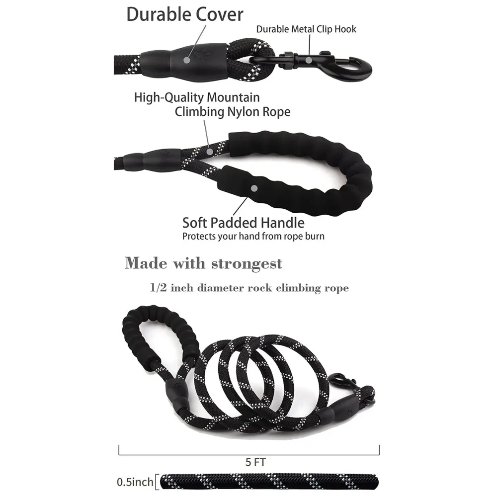 Braided 5 Ft, Strong Dog Leash with Comfortable Padded Handle and Highly Reflective Threads for Small Medium and Large Dogs. (Black)