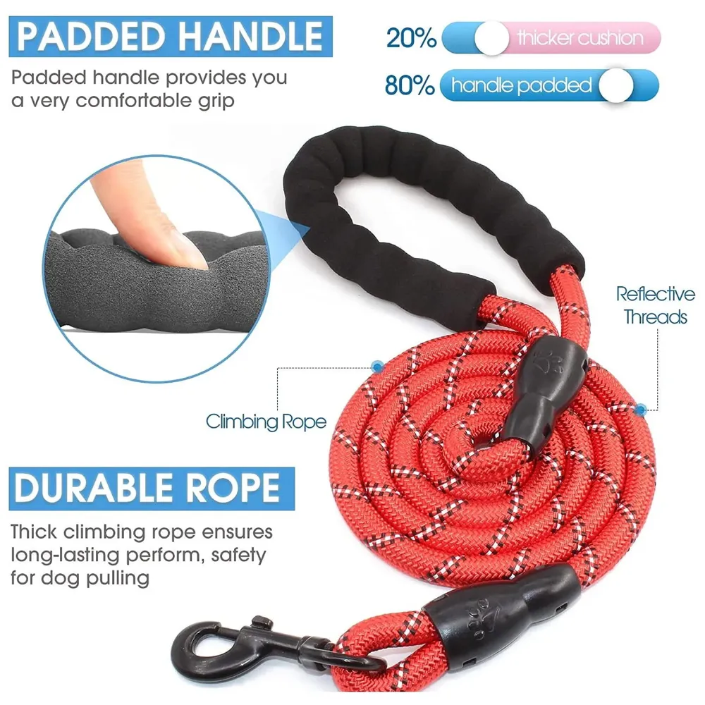 Braided 5 Ft, Strong Dog Leash with Comfortable Padded Handle and Highly Reflective Threads for Small Medium and Large Dogs. (Red)