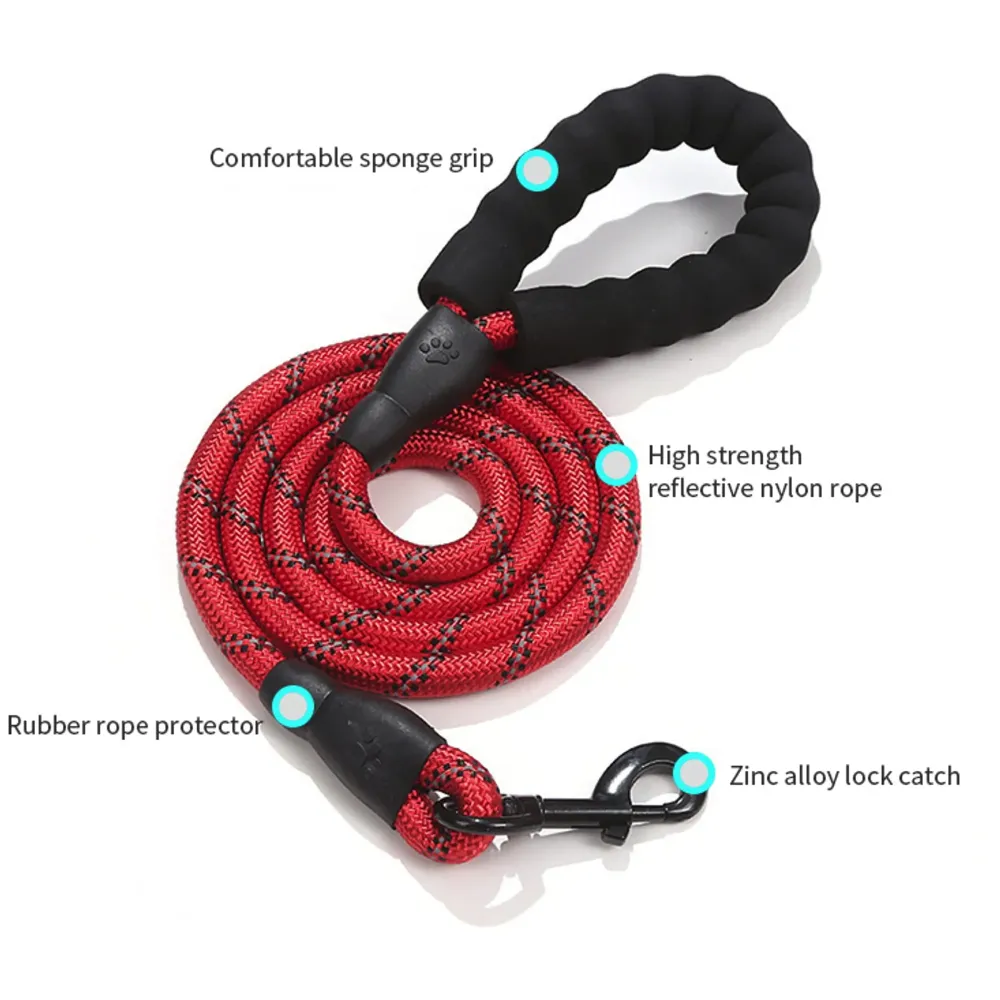 Braided 5 Ft, Strong Dog Leash with Comfortable Padded Handle and Highly Reflective Threads for Small Medium and Large Dogs. (Red)