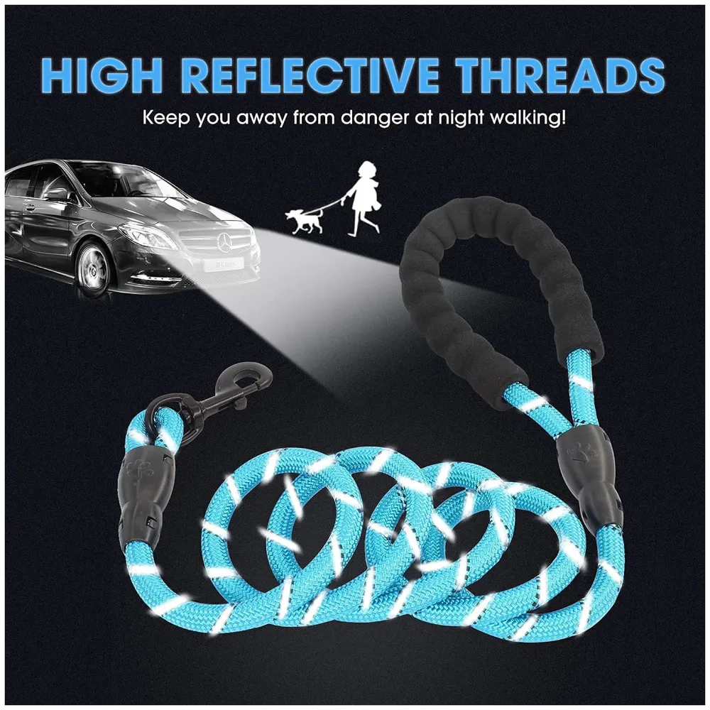 Braided 4 Ft, Strong Dog Leash with Comfortable Padded Handle and Highly Reflective Threads for Small Medium and Large Dogs. (Light Blue)