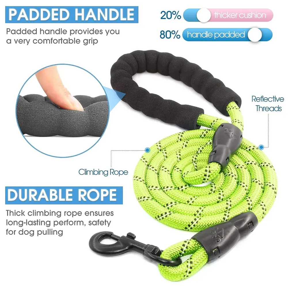 Braided 4 Ft, Strong Dog Leash with Comfortable Padded Handle and Highly Reflective Threads for Small Medium and Large Dogs. (Green)