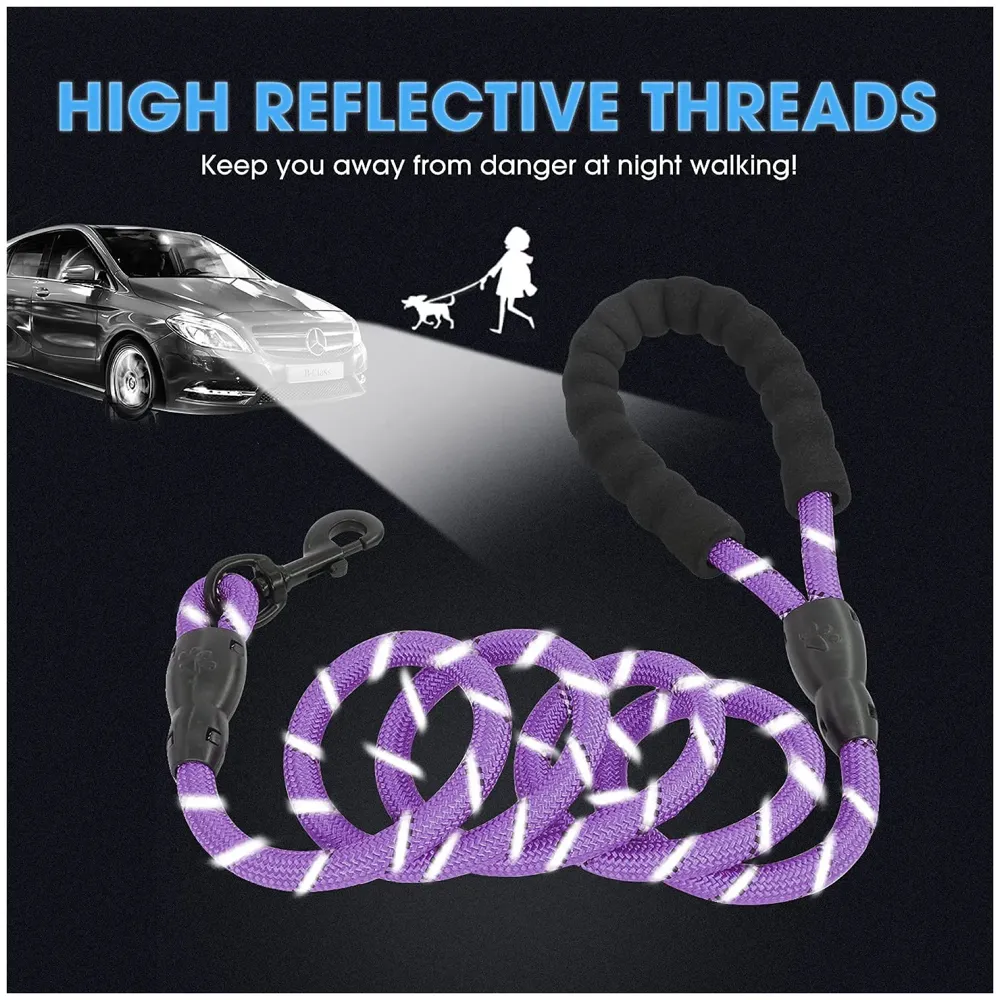 Braided 4 Ft, Strong Dog Leash with Comfortable Padded Handle and Highly Reflective Threads for Small Medium and Large Dogs. (Purple)