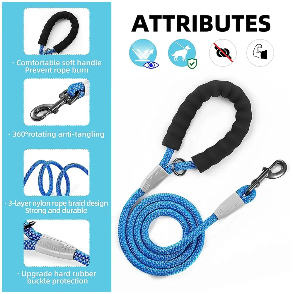Braided 4 Ft, Strong Dog Leash with Comfortable Padded Handle and Highly Reflective Threads for Small Medium and Large Dogs. (Dark Blue)
