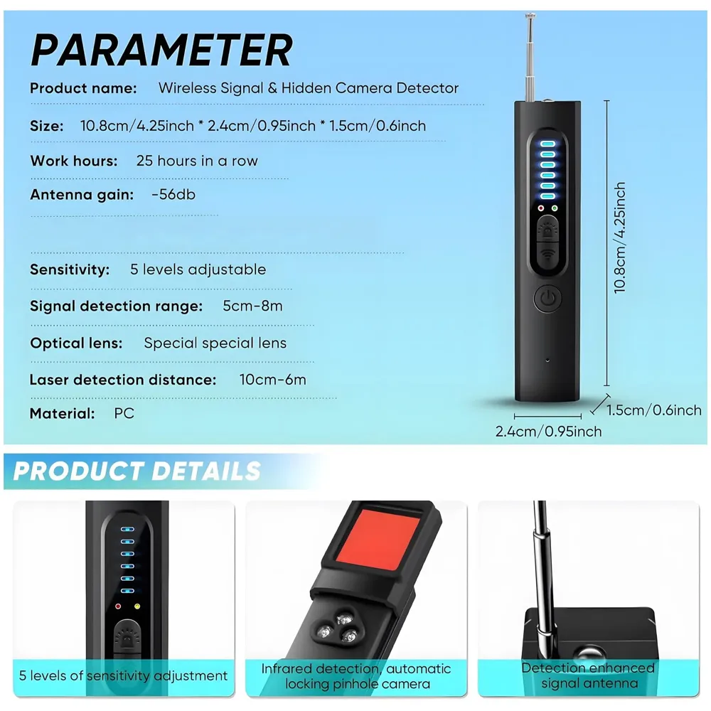 Hidden Camera Detector, Anti Spy RF Detectors, Bug Detectors, Camera Detectors, GPS Detectors,5 Levels Sensitivity, 4 Professional Modes, Privacy Protector for Hotels Rooms Cars - 5
