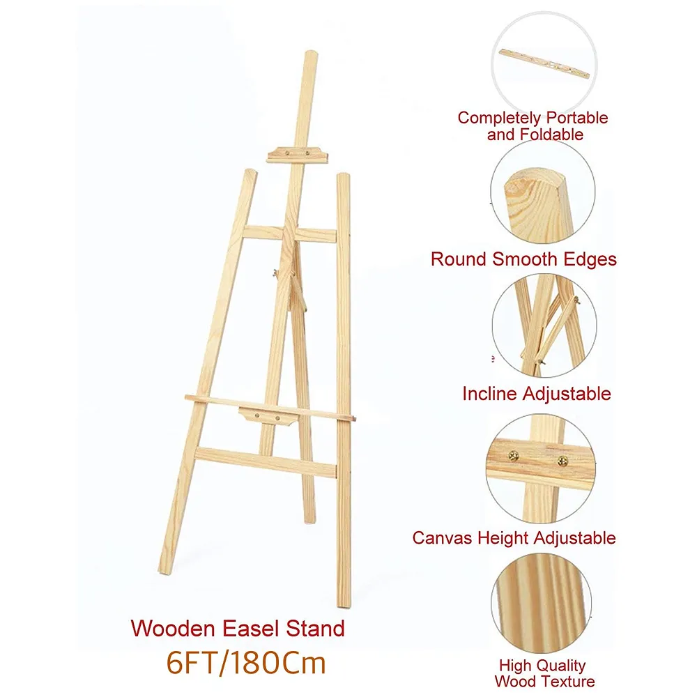 6 ft (182cm) Wooden Easel Canvas Holder Display Adjustable Stand Artist for Painting, Display and Advertisements Showroom Display, Drawing White Board (Wood) - Premium