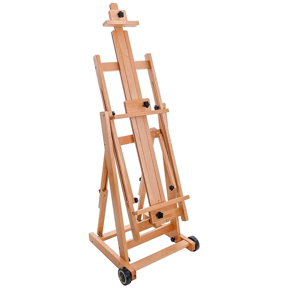 Studio Artist Wooden Easel - Large Adjustable H-Frame, Tilts Flat, Mast Adjusts to 97" High Holder Stand with Wheels