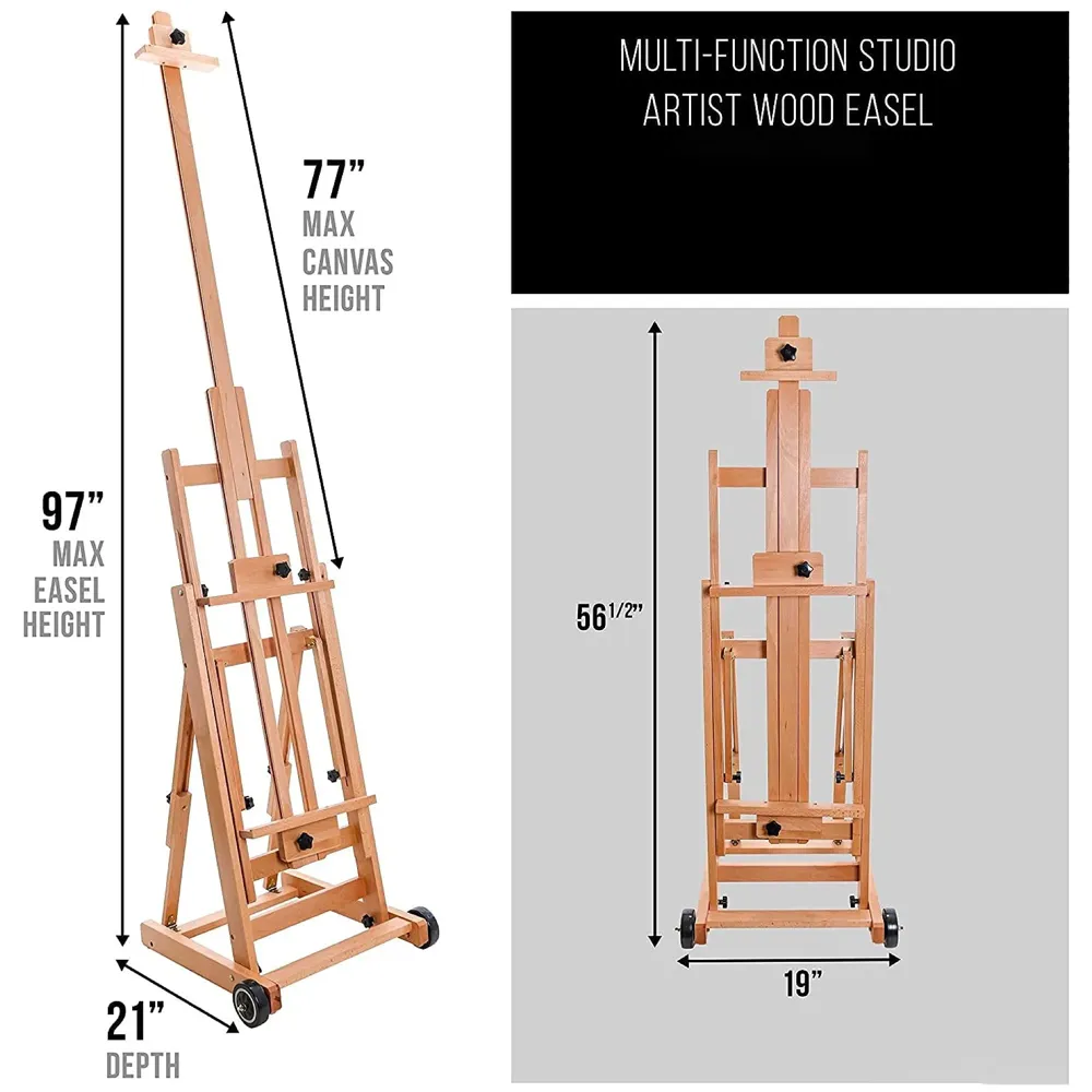 Studio Artist Wooden Easel - Large Adjustable H-Frame, Tilts Flat, Mast Adjusts to 97" High Holder Stand with Wheels