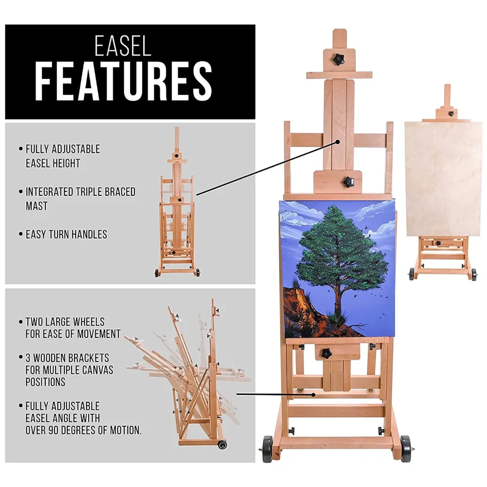 Studio Artist Wooden Easel - Large Adjustable H-Frame, Tilts Flat, Mast Adjusts to 97" High Holder Stand with Wheels