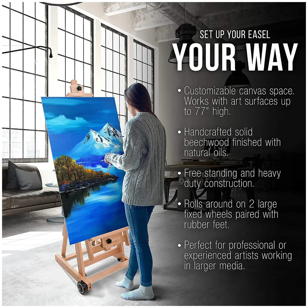 Studio Artist Wooden Easel - Large Adjustable H-Frame, Tilts Flat, Mast Adjusts to 97" High Holder Stand with Wheels