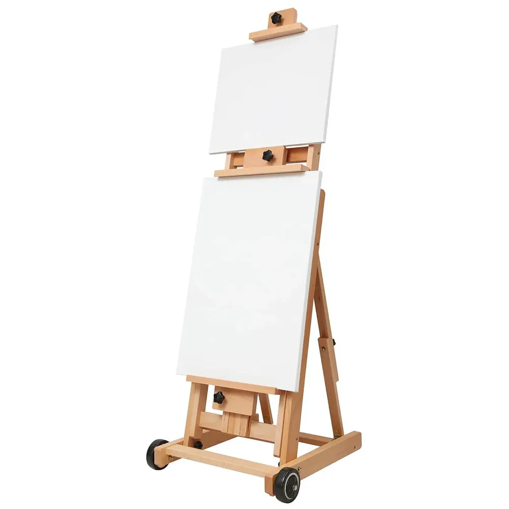 Studio Artist Wooden Easel - Large Adjustable H-Frame, Tilts Flat, Mast Adjusts to 97" High Holder Stand with Wheels