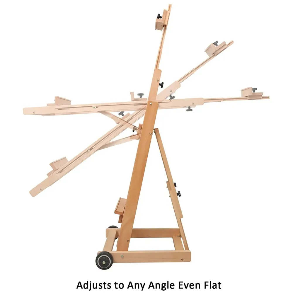 Studio Artist Wooden Easel - Large Adjustable H-Frame, Tilts Flat, Mast Adjusts to 97" High Holder Stand with Wheels